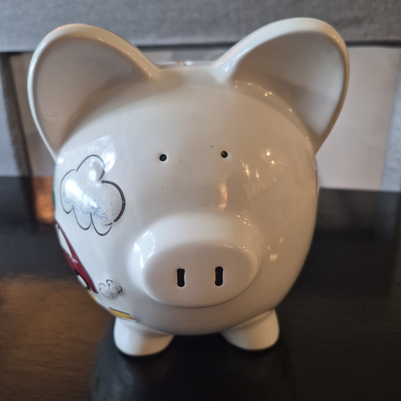 Child To Cherish Nordstrom Piggy Bank White Ceramic Colorful Cars Clouds - Picture 6 of 10